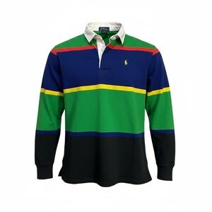 Polo Ralph Lauren Boys Large 14-16 Multi Colorblock Striped Rugby Shirt‎ Cotton